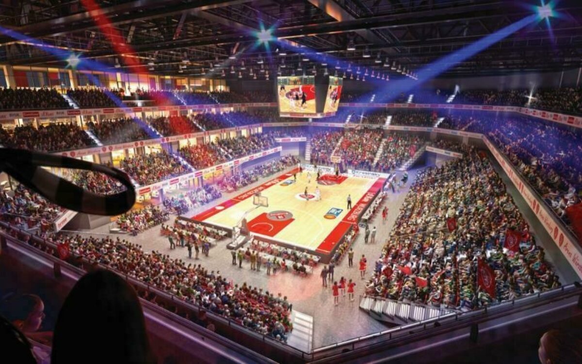 Eine Fotomontage der Multufunktionsarena bei einem Basketball-Spiel Eine Fotomontage der Multufunktionsarena bei einem Basketball-Spiel
